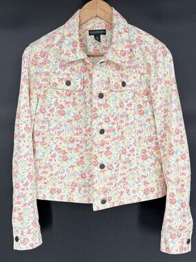 Ralph Lauren Jeans Company Women's Floral Denim Jacket L Pink Yellow Preppy
